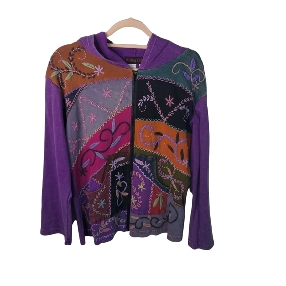 Vtg Rising Tide patchwork hippie hoodie - Picture 1 of 8